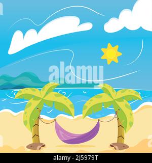 Hammock between two palm trees on beach Summer landscape Vector Stock Vector