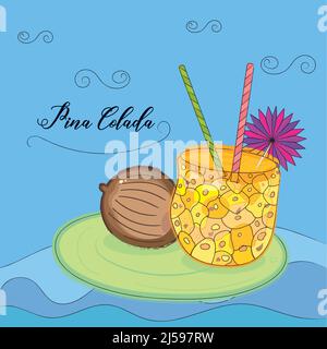 Sketch of a pina colada drink with umbrella and coconut Tropical cocktail Vector Stock Vector