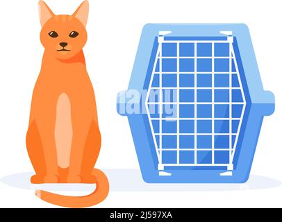 Cat and pet carrier. Manual plastic carrying case for traveling with pets or visiting veterinarian. Cat transport box. Flat style vector  Stock Vector