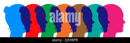 Colorful women overlapping heads concept vector illustration. Different skin tone woman, isolated on white background. Stock Vector