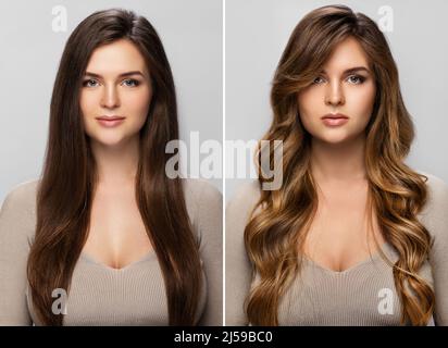 Result of makeover. Young woman happy with her beautiful hair after dyeing and styling in a professional salon. Stock Photo