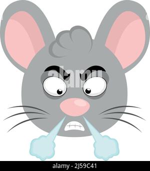 Vector illustration of a cartoon mouse face with an angry expression and fuming Stock Vector