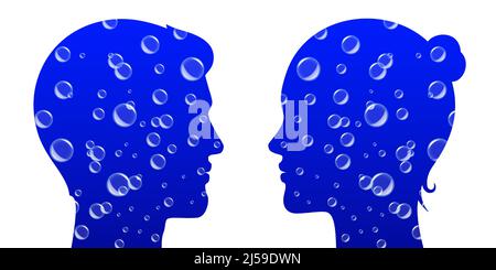 Blue water with air bubbles in male and female heads, silhouette vector illustration, isolated on background. Stock Vector