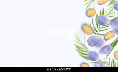 Japanese rice cakes float in the air. A conceptual composition of flying mochi and green palm leaves on a blue background. Asian cuisine, sweets Stock Photo