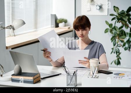 Concentrated young businesswoman in earrings sitting at desk and examining documents in office Stock Photo