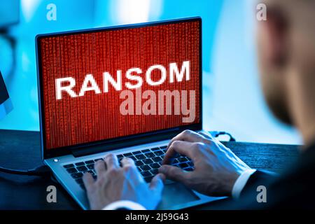 Ransomware Extortion Attack. Hacked Laptop Password. Cyber Security Stock Photo