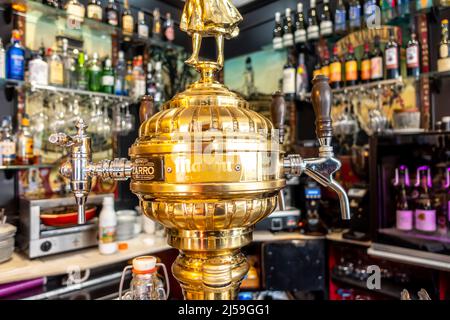 Mahou beer taps - Beer dispensers - Spanish market - Mahou San Miguel group. Beer dispenser in bar. Madrid, Spain Stock Photo