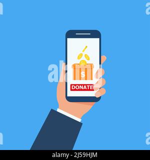 Hand holding smartphone and making online donation. Putting money in to the donation box in flat design. Eps 10 Stock Vector