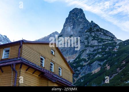 Cottage at Zelene Pleso (Green Lake), formerly known as Brncalova Cottage. Zelene pleso is a mountain lake on the Slovak side of the High Tatras Stock Photo