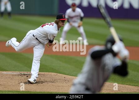 Cleveland, USA. 21st Apr, 2022. Cleveland Guardians Austin Hedges (17)  shakes hands with closer Emmanuel Clase (48) after defeating the Chicago  White Sox at Progressive Field in Cleveland, Ohio on Thursday, April