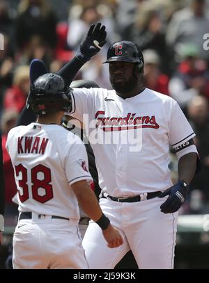 Cleveland, USA. 21st Apr, 2022. Cleveland Guardians Austin Hedges (17)  shakes hands with closer Emmanuel Clase (48) after defeating the Chicago  White Sox at Progressive Field in Cleveland, Ohio on Thursday, April