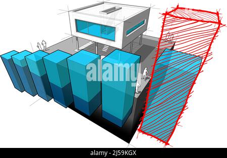 diagram of a modern house with rising abstract business diagram and hand drawn sketch over last diagram bar Stock Photo