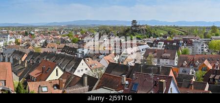 Breisach, Germany - April 2022: Aerial view of the rooftops of buildings in the town Stock Photo