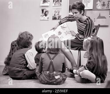 1970s WOMAN TEACHER READING A BOOK TO A GROUP OF KINDERGARTEN PRESCHOOL BOYS AND GIRLS SITTING ON THE FLOOR AROUND HER - j13443 HAR001 HARS OLD FASHION SISTER 1 JUVENILE ELEMENTARY TEACHERS COMMUNICATION YOUNG ADULT JOY LIFESTYLE FEMALES BROTHERS STUDIO SHOT 6 COPY SPACE HALF-LENGTH LADIES PERSONS INSPIRATION MALES SIX SIBLINGS CONFIDENCE SISTERS B&W GOALS SCHOOLS GRADE HAPPINESS KINDERGARTEN PRESCHOOL DISCOVERY AND CHOICE EXCITEMENT INSTRUCTOR LEADERSHIP LOW ANGLE OPPORTUNITY OCCUPATIONS PRIMARY SIBLING CONNECTION CONCEPTUAL STILL LIFE EDUCATOR PRE-SCHOOL DAY CARE PICTURE BOOK EDUCATING Stock Photo