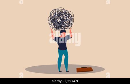 Anxiety stress and man frustrated. Difficulty businessman disappointed and panic overworked work vector illustration concept. Finance headache and psy Stock Vector