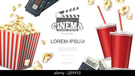 Realistic cinema elements concept with soda in paper cup tickets clapperboard and popcorn in red striped bucket vector illustration Stock Vector