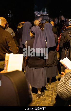 Easter ceremony and torchlight procession at the foot of the hill in the presence of Pope Francis. Italy, Rome. Stock Photo