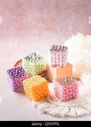 Bright colorful handmade soy candles. Handmade soy candles of unique design, with different colors. Relaxation atmosphere. Luxurious lifestyle. Select Stock Photo