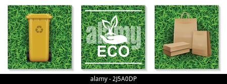 Realistic ecology and nature elements set with plastic bin for garbage recycling hand holding plant logo paper bags on grass backgrounds isolated vect Stock Vector