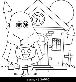 Ghost Trick or Treating Halloween Coloring Page Stock Vector