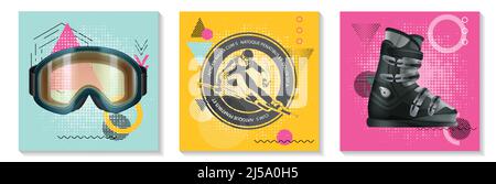 Colorful winter sport cards set with realistic snowboarding glasses boot monochrome skier label on modern geometric backgrounds isolated vector illust Stock Vector