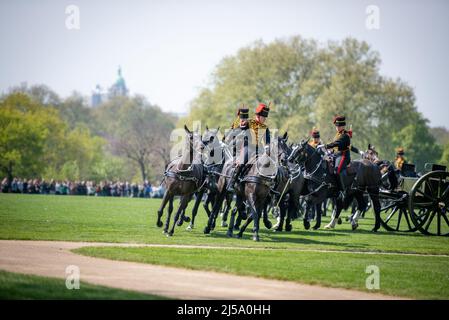 London, UK. 21st Apr, 2022. The King's Troop Royal Horses performed during the event. The King's Troop Royal Horse Artillery fired a 41 Gun Royal Salute and the Band of the Scots Guards performed ‘Happy Birthday' in Hyde Park, for Queen Elizabeth II's 96th Birthday. Credit: SOPA Images Limited/Alamy Live News Stock Photo