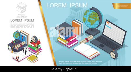 Isometric online education composition with people in learning process books laptop graduation cap globe certificate alarm clock vector illustration Stock Vector