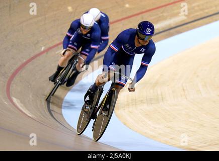 France's Florian Grengbo, Sebastien Vigier and Rayan Helal in action as they compete in the Men's Team Sprint Qualifying during day one of the Tissot UCI Track Nations Cup 2022 at the Sir Chris Hoy Velodrome, Glasgow. Picture date: Thursday April 21, 2022. Stock Photo