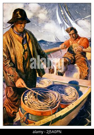 1920s TWO LONGLINE FISHERMEN ONE FEEDING OUT BAITED LINE OTHER ROWING BOAT COVER ART FOR LITERARY DIGEST BY GERRIT A. BENEKER - kf38907 NAW001 HARS FEEDING STYLE WET ROWING CAREER POLE BALANCE SAFETY TEAMWORK COMPETITION COMMERCIAL LIFESTYLE OCEAN COVER JOBS FISHERMAN COPY SPACE FULL-LENGTH HALF-LENGTH PHYSICAL FITNESS PERSONS DANGER MALES RISK PROFESSION HOOK CONFIDENCE CATCHING SKILL OCCUPATION SKILLS STRENGTH COURAGE CAREERS POWERFUL LABOR PRIDE REEL AT BY EMPLOYMENT OARS OCCUPATIONS CONCEPTUAL DIGEST ATTACHED ANGLING INFRASTRUCTURE EMPLOYEE CAPE ANN LITERARY OILSKIN TECHNIQUE WILDLIFE Stock Photo