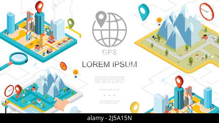 Isometric mobile gps navigation composition with city mountains map ...