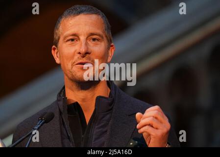 Bear Grylls at an event at the Natural History Museum in London to launch the Government's Sustainability and Climate Change Strategy which includes introducing a natural history GCSE in schools by September 2025. Picture date: Thursday April 21, 2022. Stock Photo
