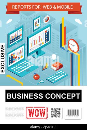 Isometric business report infographic concept with diagrams charts graphs on laptop computer tablet screens clock apple book magnifier gear vector ill Stock Vector