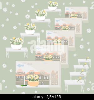 seamless children's pattern with the image of a vase with flowers by the window Stock Vector