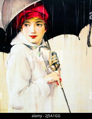 1910s FASHIONABLE WOMAN IN WHITE COAT AND RED HAT UNDER BLACK UMBRELLA ON RAINY DAY  - ks38505 NAW001 HARS PENSIVE PERSONS THOUGHTFUL RAINING DREAMS PRETTY STYLES AND REFLECTIVE THINK REFLECTING PONDER PONDERING CONSIDER LOST IN THOUGHT MOTION BLUR STYLISH CONTEMPLATIVE MEDITATE CHIC FASHIONS MEDITATIVE MID-ADULT CAUCASIAN ETHNICITY CONSIDERING OLD FASHIONED Stock Photo
