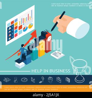 Isometric business help concept with businessman walking stairs writing hand diagrams charts graphs on sheet and linear icons vector illustration Stock Vector