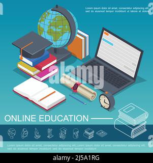 Isometric online education colorful composition with laptop books globe certificate alarm clock textbook pencil graduation cap vector illustration Stock Vector