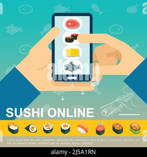 Flat online japanese food delivery template with man holding mobile with sushi order application isometric sashimi and rolls vector illustration Stock Vector