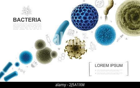 Realistic biological microorganisms collection with bacteria viruses germs and medical icons vector illustration Stock Vector