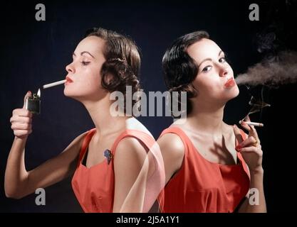 1960s MULTIPLE EXPOSURE TWO VIEWS BRUNETTE WOMAN SMOKING A CIGARETTE LIGHTING IT AND EXHALING SMOKE LOOKING AT CAMERA - t3433c DEB001 HARS CIGARETTES TOBACCO COMPOSITE SPECIAL CANCER EFFECT CONCEPT CONCEPTUAL PHOTOGRAPHY STYLISH DEB001 LIGHTER SYMBOLIC CONCEPTS EXHALING HABIT MID-ADULT MID-ADULT WOMAN TECHNIQUE CAUCASIAN ETHNICITY OLD FASHIONED REPRESENTATION VIEWS Stock Photo
