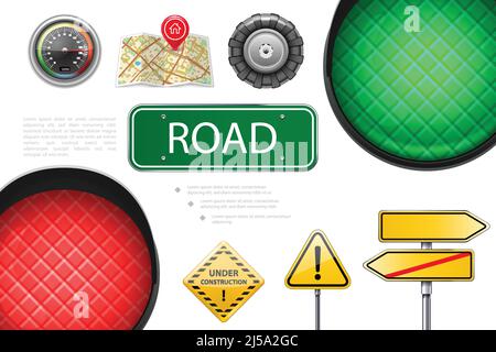 Realistic road elements colorful composition with traffic lights speedometer signboards map pointers car wheel under construction and warning signs ve Stock Vector