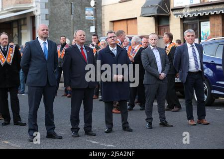 (Left to right) Trevor Clarke of the TUV, TUV leader Jim Allister, DUP leader Sir Jeffrey Donaldson, Loyalist blogger Jamie Bryson and DUP Thomas Buchanan, before a rally in opposition to the Northern Ireland Protocol, organised by West Tyrone United Unionists, in Castlederg, Co Tyrone. Picture date: Thursday April 21, 2022.
