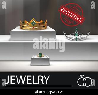 Realistic jewelry advertising template with gold crown and ring silver diadem with emeralds and pearls Stock Vector