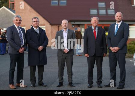 (Left to right) DUP Thomas Buchanan, DUP leader Sir Jeffrey Donaldson, Loyalist blogger Jamie Bryson, TUV leader Jim Allister and Trevor Clarke of the TUV before a rally in opposition to the Northern Ireland Protocol, organised by West Tyrone United Unionists, in Castlederg, Co Tyrone. Picture date: Thursday April 21, 2022.