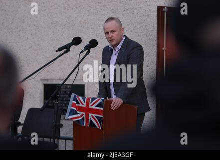 Loyalist blogger Jamie Bryson speaking at a a rally in opposition to the Northern Ireland Protocol, organised by West Tyrone United Unionists, in Castlederg, Co Tyrone. Picture date: Thursday April 21, 2022.