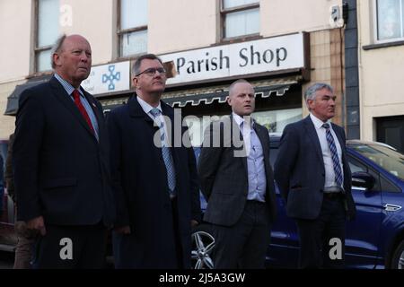 (Left to right) TUV leader Jim Allister, DUP leader Sir Jeffrey Donaldson, Loyalist blogger Jamie Bryson and DUP Thomas Buchanan, before a rally in opposition to the Northern Ireland Protocol, organised by West Tyrone United Unionists, in Castlederg, Co Tyrone. Picture date: Thursday April 21, 2022.