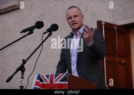 Loyalist blogger Jamie Bryson speaking at a a rally in opposition to the Northern Ireland Protocol, organised by West Tyrone United Unionists, in Castlederg, Co Tyrone. Picture date: Thursday April 21, 2022.