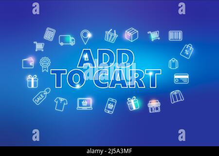 Add to cart - ecommerce web button on  blue background. Various shopping icons. Online shopping concept Stock Photo