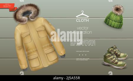 Realistic mens winter clothes template with jacket knitted hat and sneakers on striped background vector illustration Stock Vector