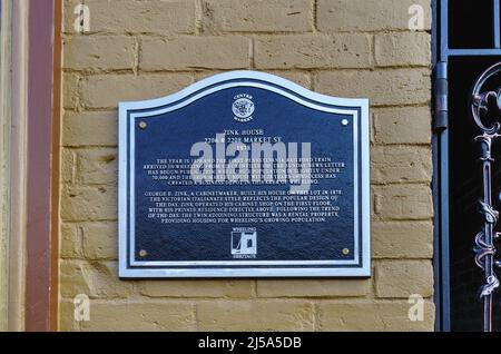 Zink House Historic Marker, Wheeling, West Virginia. A  double townhouse in the Victorian Italianate style, built by cabinet maker George E. Zink in 1 Stock Photo