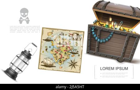 Realistic sea treasures template with pirate map treasure chest full of gold coins and jewelry diadem ring lantern crown precious stones vector illust Stock Vector